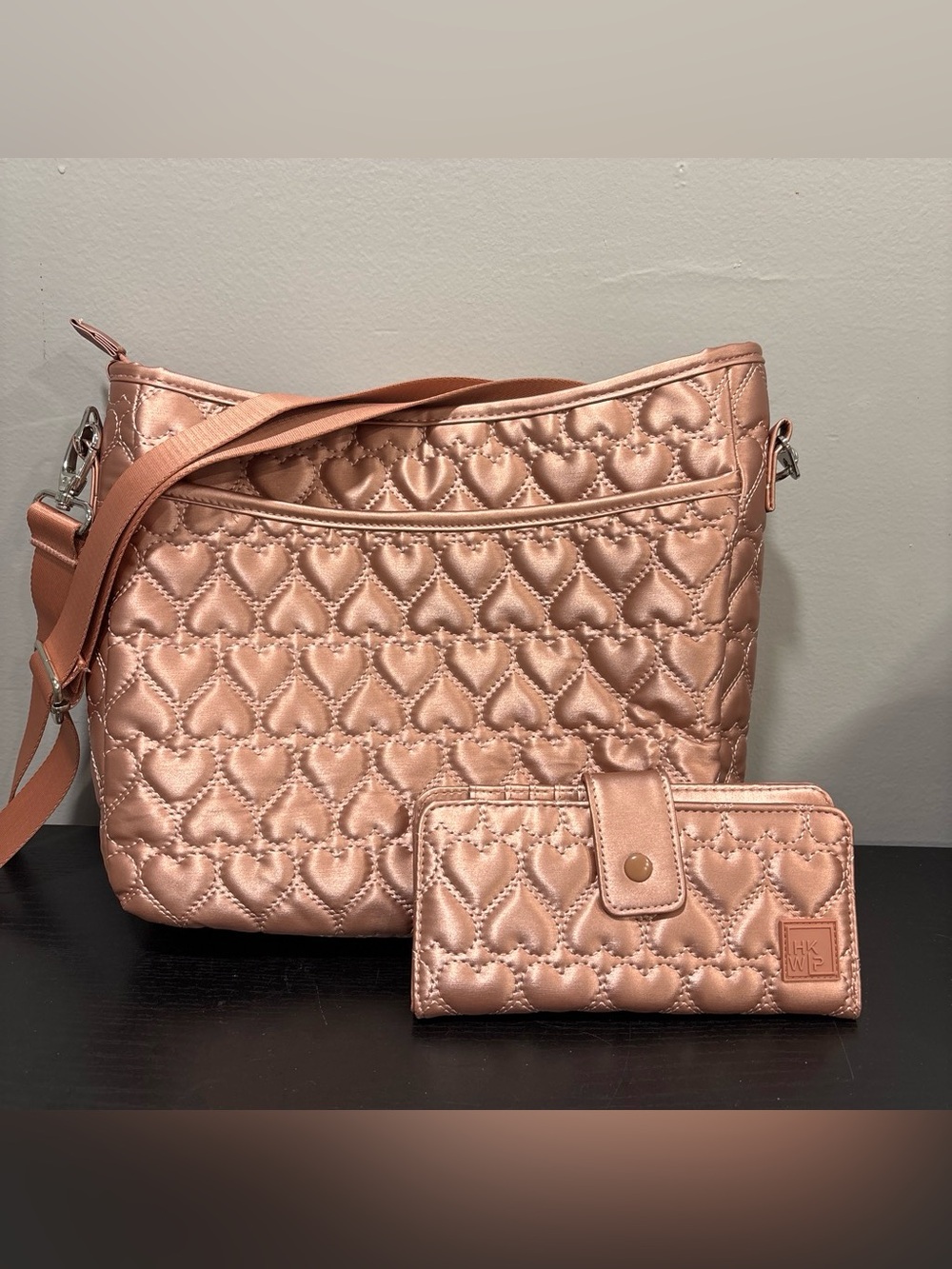Ihkwip Quilted Heart-Pattern Shoulder Bag & Wallet in Rose Gold purse